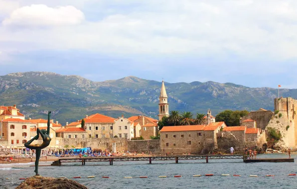 Море, горы, дома, статуя, танцовщица, Черногория, Будва