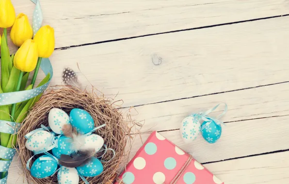 Пасха, тюльпаны, yellow, wood, tulips, spring, Easter, eggs