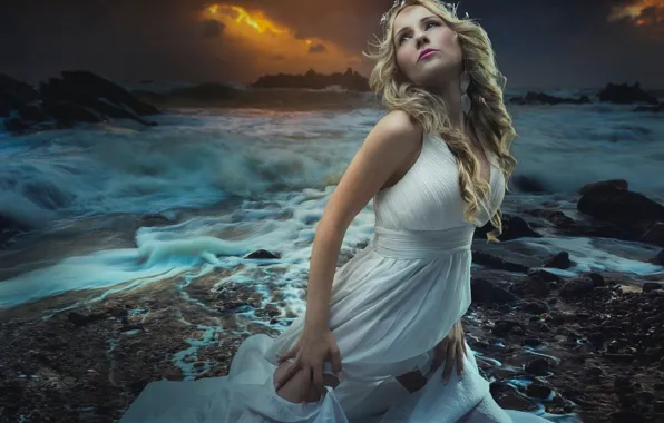 Картинка море, взгляд, девушка, закат, секси, поза, фото, берег