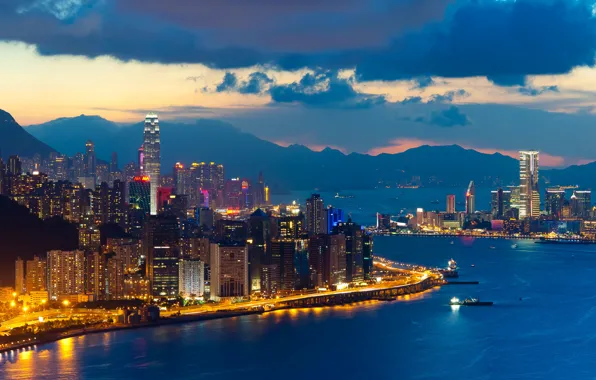 Картинка пейзаж, город, здания, вечер, сумерки, Hong Kong