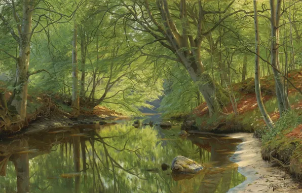 1896, датский живописец, Лесной ручей, Петер Мёрк Мёнстед, Peder Mørk Mønsted, Danish realist painter, Forest …