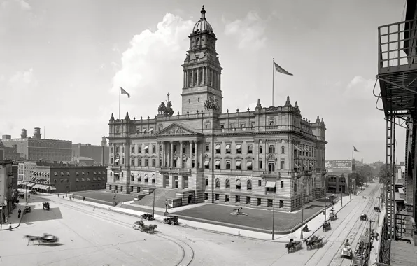 Ретро, улица, дома, площадь, США