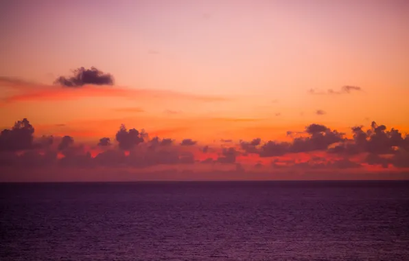 Картинка море, облака, закат, горизонт, оранжевое небо