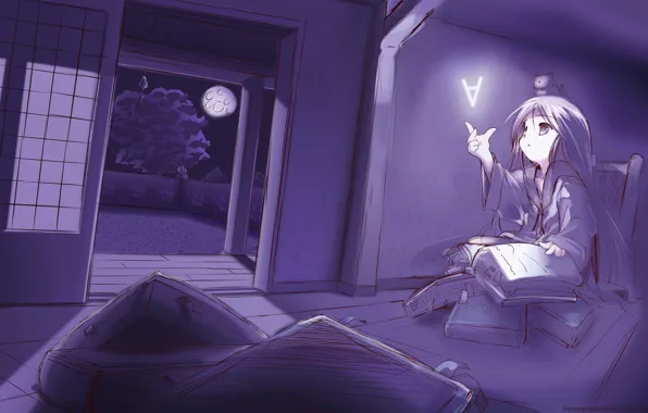 Ночь, магия, книги, аниме, арт, девочка, Fujiwara Warawara