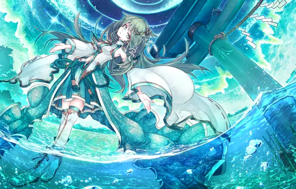 Картинка волны, вода, аниме, арт, девочка