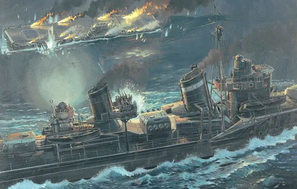 Картинка рисунок, арт, американский, WW2, тонущий, авианосец «Хорнет», 26 октября 1942 года, эсминец ВМФ Японии «Макигумо»