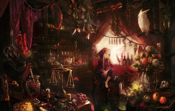 Картинка девушка, цветы, птица, книги, череп, стул, ведьма, весы