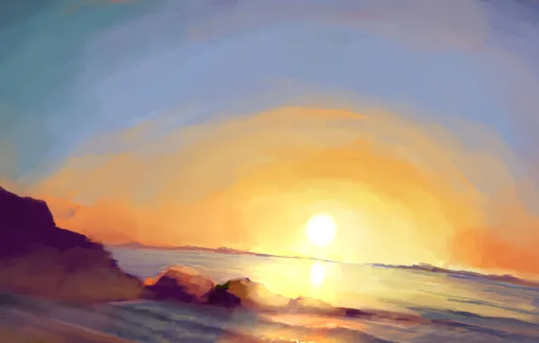 Картинка море, солнце, закат, природа, камни, горизонт