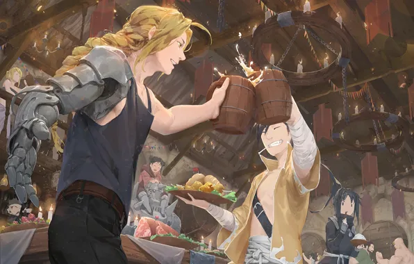 Люди, пиво, парни, Стальной алхимик, Fullmetal Alchemist, пивнушка