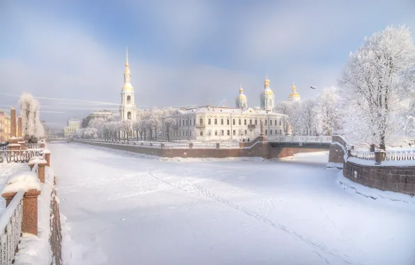 Картинка зима, снег, мост, город, церковь, Гордеев Эдуард