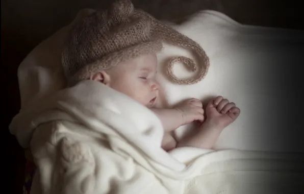 Картинка дети, шапка, сон, малыш, спит, одеяло, ребёнок, младенец