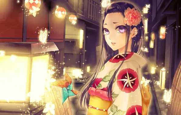 Картинка цветок, взгляд, бабочки, Девушка, фонари, кимоно