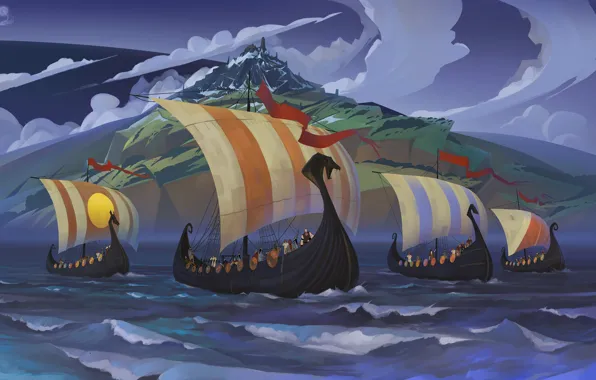 Море, пейзаж, корабль, арт, парус, воины, Banner Saga