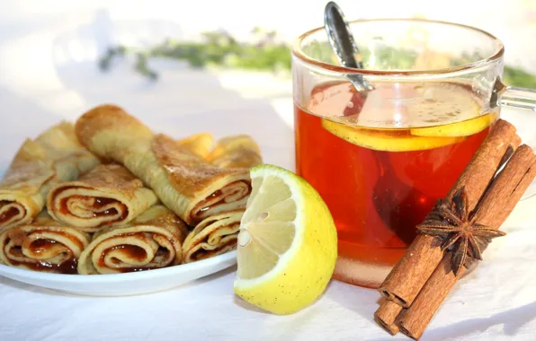 Лимон, чай, корица, джем, блинчики, бадьян