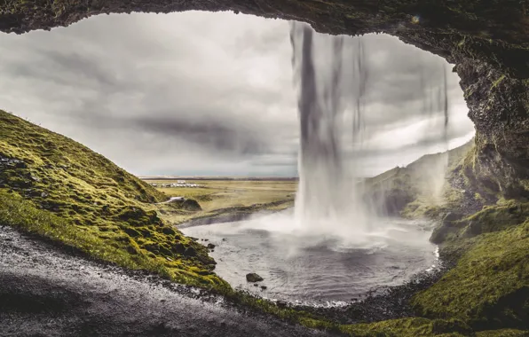 Природа, водопад, Исландия, nature, waterfall, облачно, iceland, cloudy