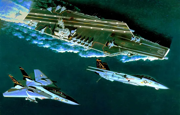 Картинка art, airplane, aviation, ship, jet, carrier, F-14 Tomcat