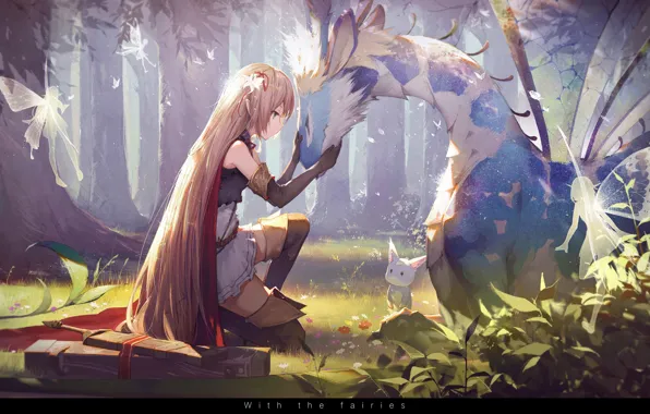 Картинка лес, животные, девушка, деревья, природа, оружие, магия, крылья