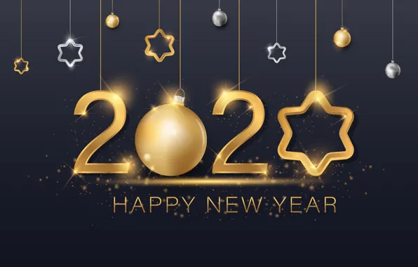 Картинка Новый год, golden, черный фон, black, background, New Year, 2020