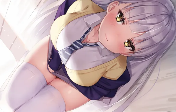Girl, sexy, blouse, school uniform, thighhighs, long hair, boobs, anime