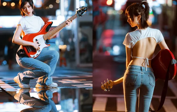 Beautiful, Asian, Model, Water, Street, Guitar, Denim, Woman