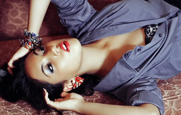 Bra, hair, breasts, red lips, shade, bracelets, dress shirt