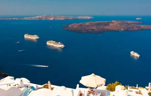 Картинка острова, Санторини, Греция, панорама, Santorini, Oia, Greece, лайнеры