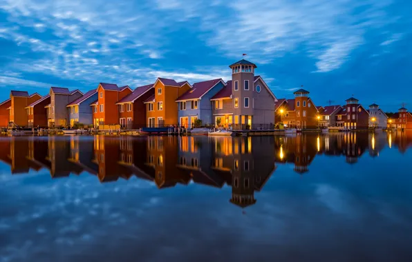 Вода, отражение, здания, дома, Нидерланды, Groningen, Гронинген, The Netherlands