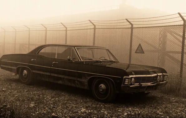 Картинка знак, забор, 1967, sedan, supernatural, hardtop, Сhevrolet Impala, пешотка