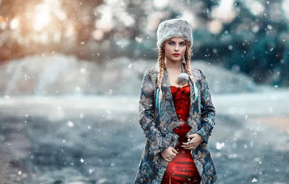Зима, взгляд, девушка, снег, косички, Alessandro Di Cicco