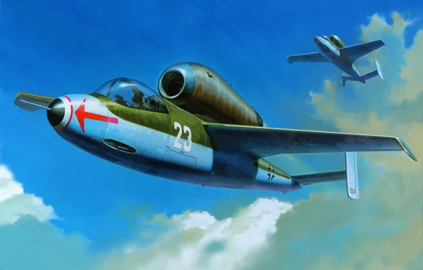 Самолет, арт, перехватчик, Heinkel, WW2., He-162, Salamander, турбореактивный