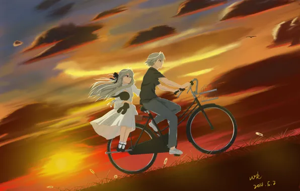 Картинка небо, девушка, облака, закат, велосипед, аниме, арт, парень