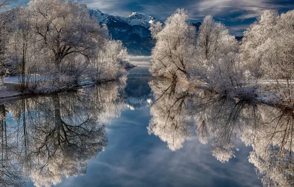 Картинка зима, снег, деревья, природа, озеро, отражение