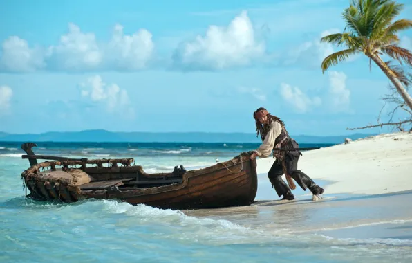 Картинка побережье, лодка, Джонни Депп, капитан Джек Воробей, Пираты Карибского моря: На странных берегах, Pirates of …