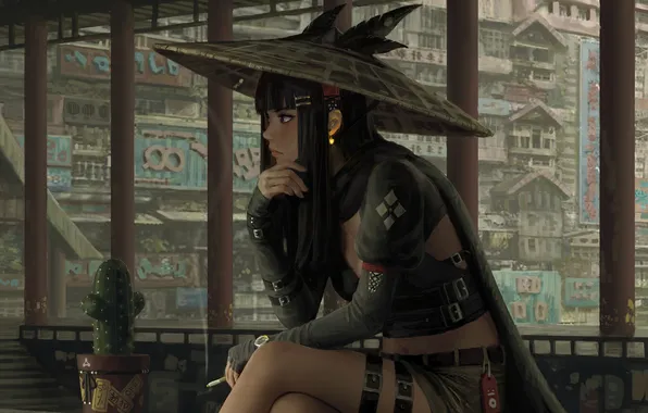 Fantasy, Dragon, art, digital art, artwork, Samurai Girl, GUWEIZ, Japanese city