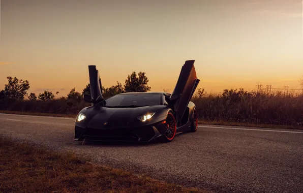 Lamborghini, black, evening, aventador sv