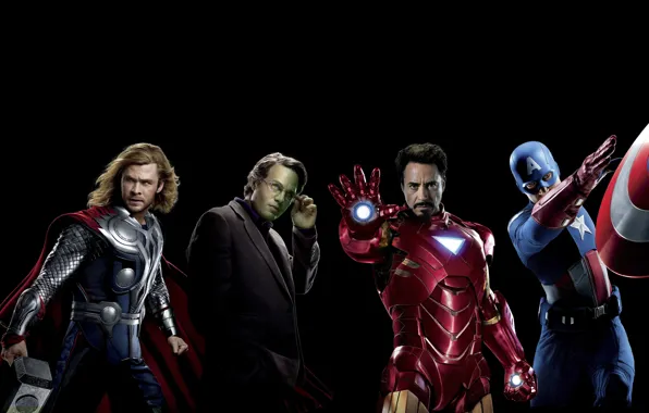 Картинка фантастика, черный фон, Hulk, Iron Man, комикс, Captain America, супергерои, Thor