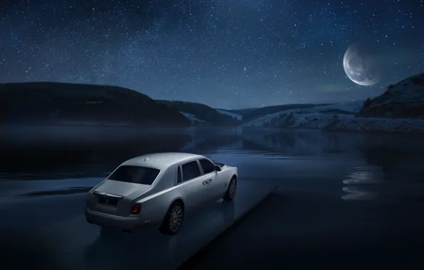 Машина, небо, вода, луна, звёзды, Rolls-Royce, Phantom, фонари