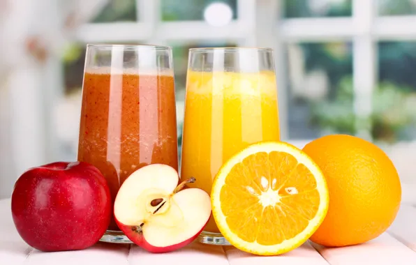 Картинка яблоко, апельсин, сок, стаканы, фрукты, апельсиновый, яблочный