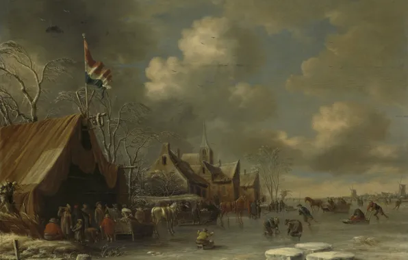 Картинка зима, пейзаж, люди, картина, Развлечения на Льду, Томас Хиреманс