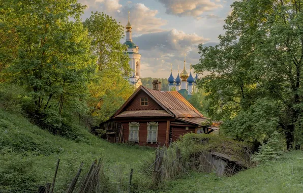 Картинка green, house, sky, clouds, sun, temple, villafe