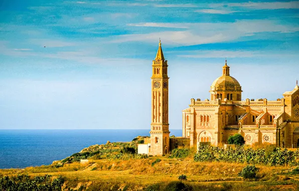 Картинка море, побережье, башня, церковь, архитектура, Средиземное море, Malta, Мальта