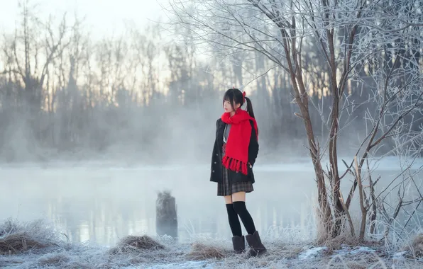 Beautiful, Asian, Model, Winter, Water, Snow, Woman, Mist
