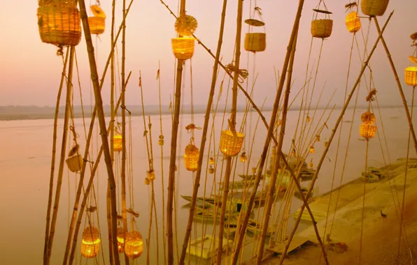 Картинка Индия, фестиваль фонариков, Уттар-Прадеш, река Ганг