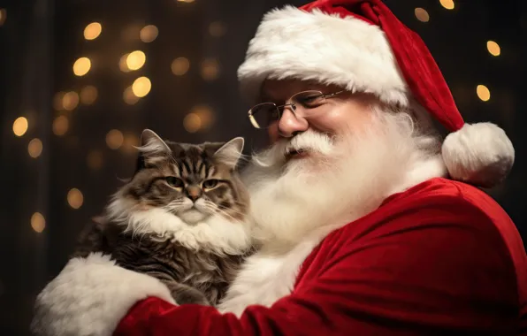 Кошка, кот, котенок, доброта, портрет, Рождество, Новый год, Санта Клаус