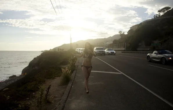 Car, girl, bra, road, cars, woman, model, highway