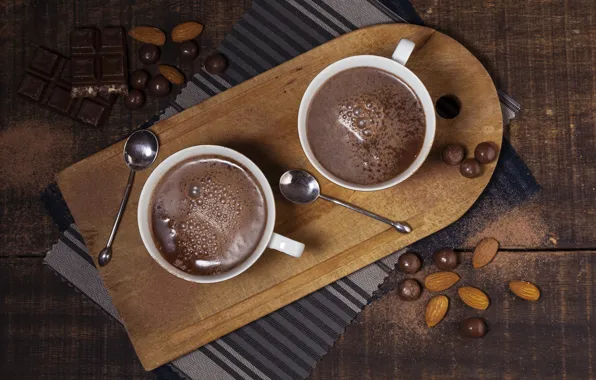 Стол, доски, шоколад, конфеты, чашки, кружки, дуэт, подставка