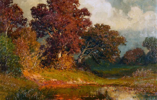 Облака, Деревья, Картина, Речка, Alois Arnegger, Ели, Летний пейзаж, Алоис Арнеггер