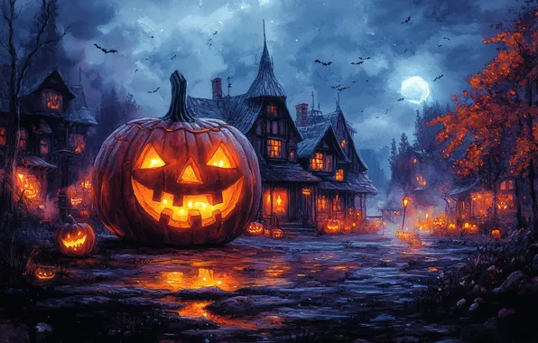 Картинка Облака, Дома, Ночь, Луна, Тыквы, Halloween, Хэллоуин, Цифровое искусство