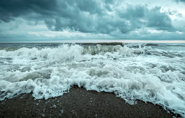 Море, волны, облака, шторм, берег, прибой