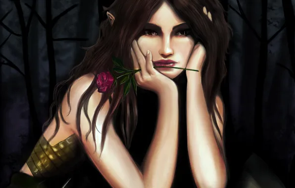 Девушка, деревья, роза, руки, арт, эльфийка, щит